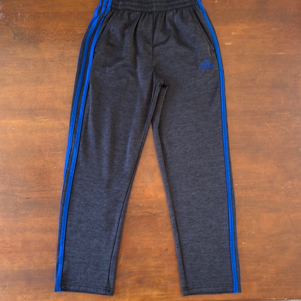 Adidas Boy Sweatpants Dark Grey with Royal Blue piping down leg, pockets